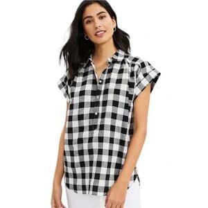 LOFT Black Gingham Plaid popover short sleeve top Large viscose/cotton/linen